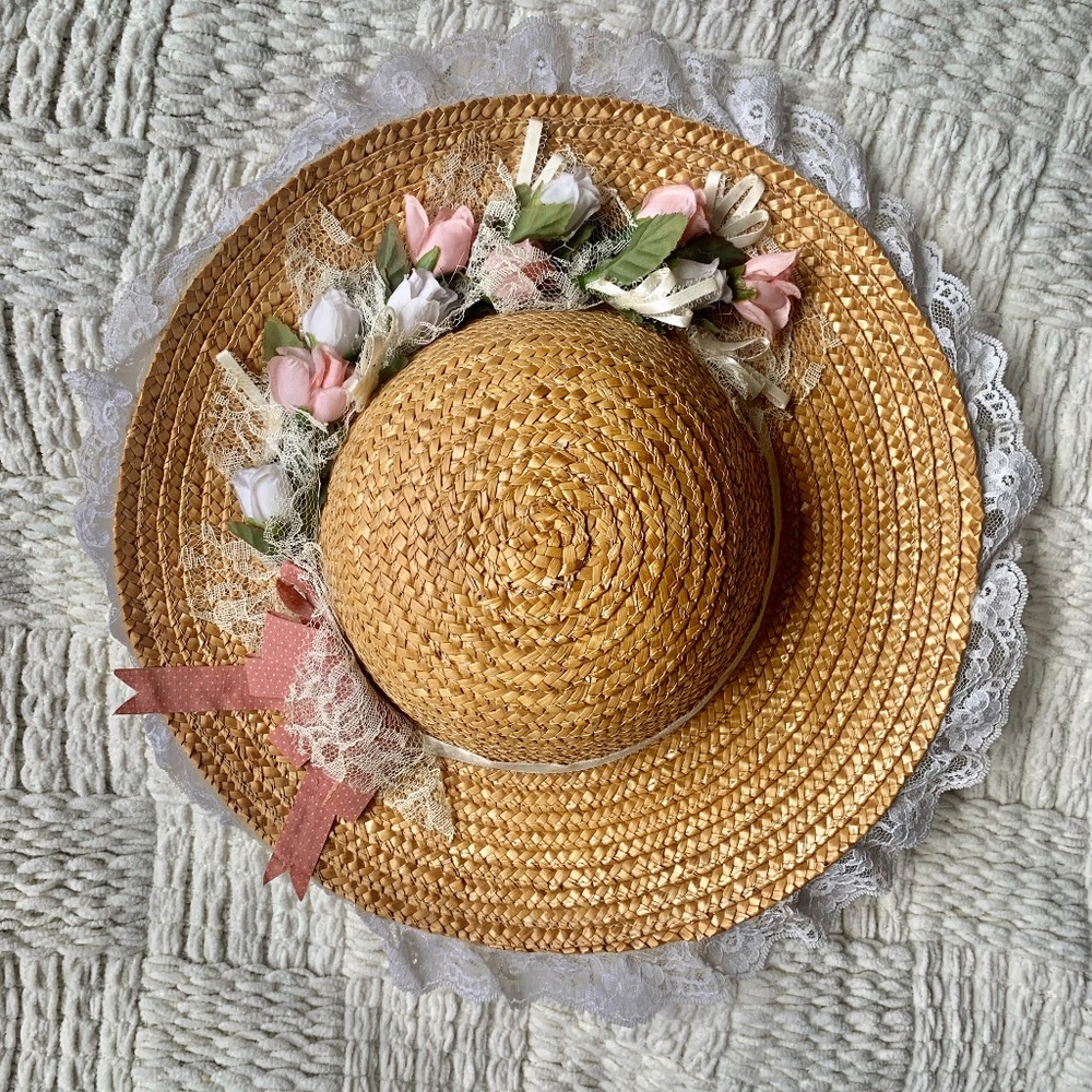 Vintage CottageCore Hat with Lace Trim & Flowers
